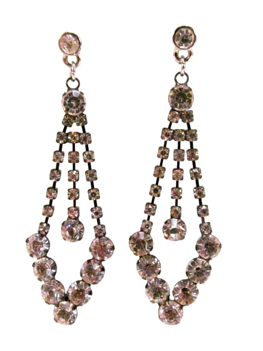 Vintage Clear Rhinestone Chandelier Pierced Earrings Cascading Dangle 2" Drop